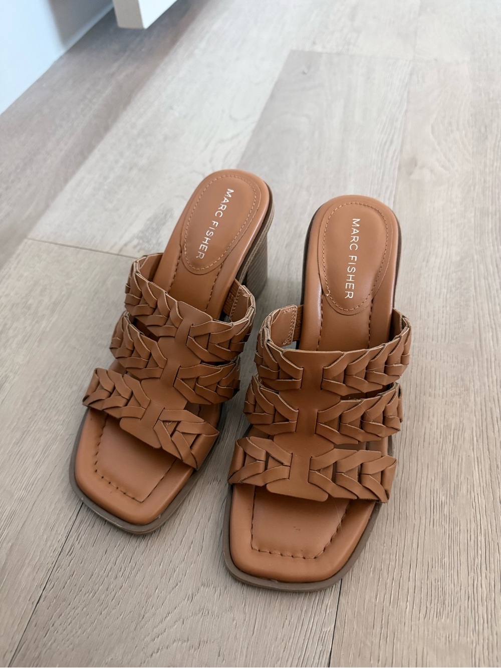 Marc Fisher Braided Leather Block Heel Mules in Cognac